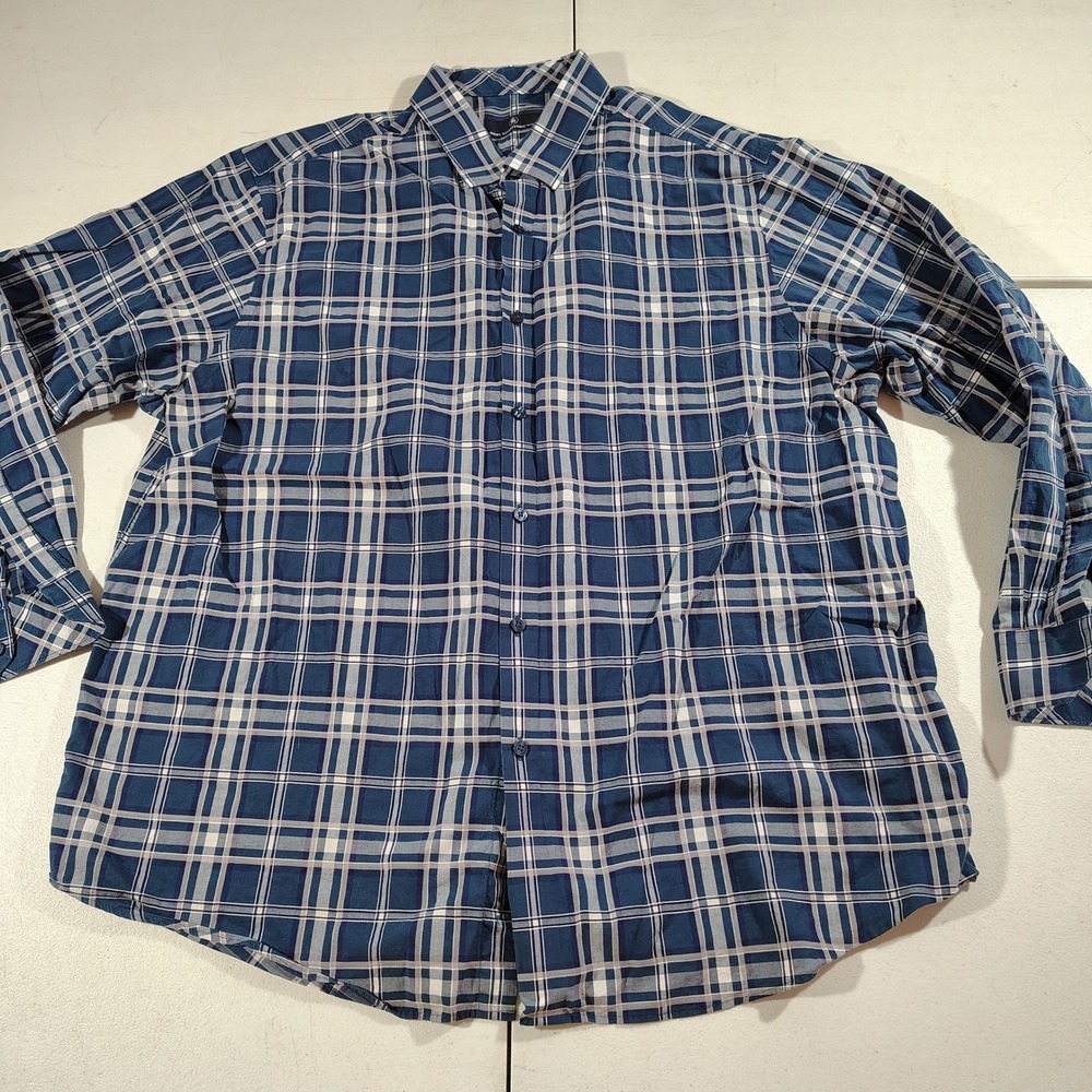 Hart Schaffner Marx Shirt‎ Men XXL Blue White Plaid Dad Office Cotton Button Up